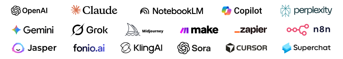Technologie-Partner: OpenAI, Claude, NotebookLM, Copilot, perplexity, Gemini, Grok, Midjourney, make, zapier, n8n, Jasper, fonio.ai, KlingAI, Sora, CURSOR, Superchat