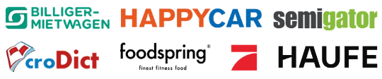 Referenzen: Billiger-Mietwagen, HAPPYCAR, semigator, croDict, foodspring, ProSieben, Haufe